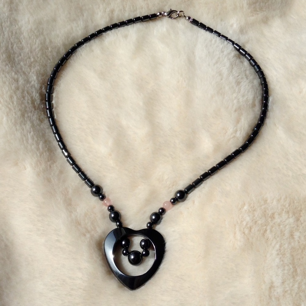 Hematite and Pink Quartz beaded Pendant necklace.